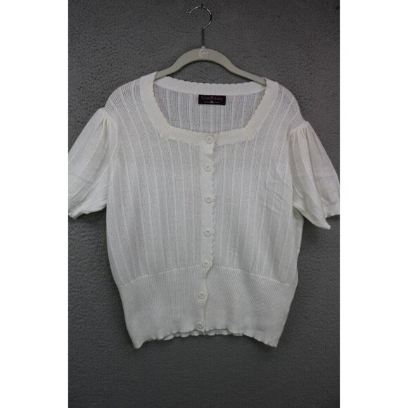 Curlbiuty Vintage Short Sleeve Scalloped Open Knit Button-Up Sweater-Size 2XL - Picture 1 of 10